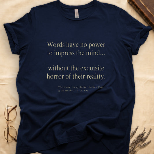 Navy t-shirt with quote from Poe's "The Narrative of Arthur Gordon Pym".