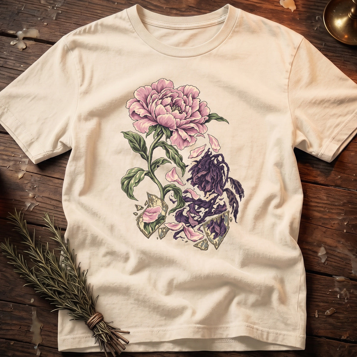 Cream t-shirt with a faded pink and purple floral illustration and crystal shards.