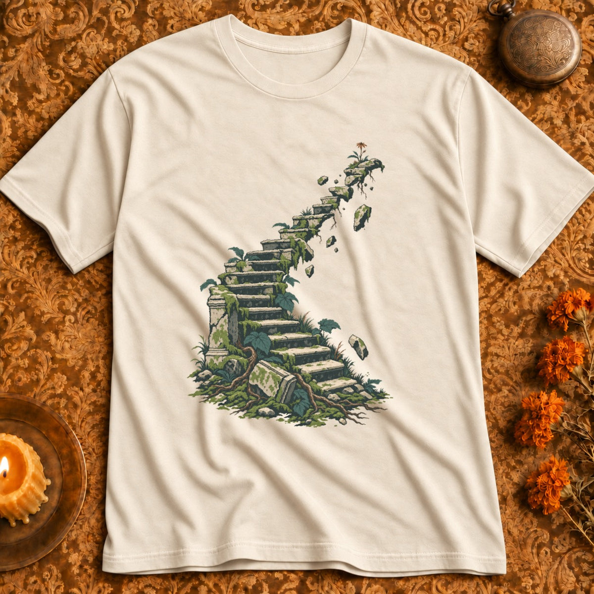 T-shirt with a graphic of a moss-covered stone staircase floating in the air.