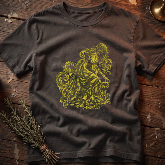 Dark grey t-shirt with a yellow ornate floral design featuring a draped figure.
