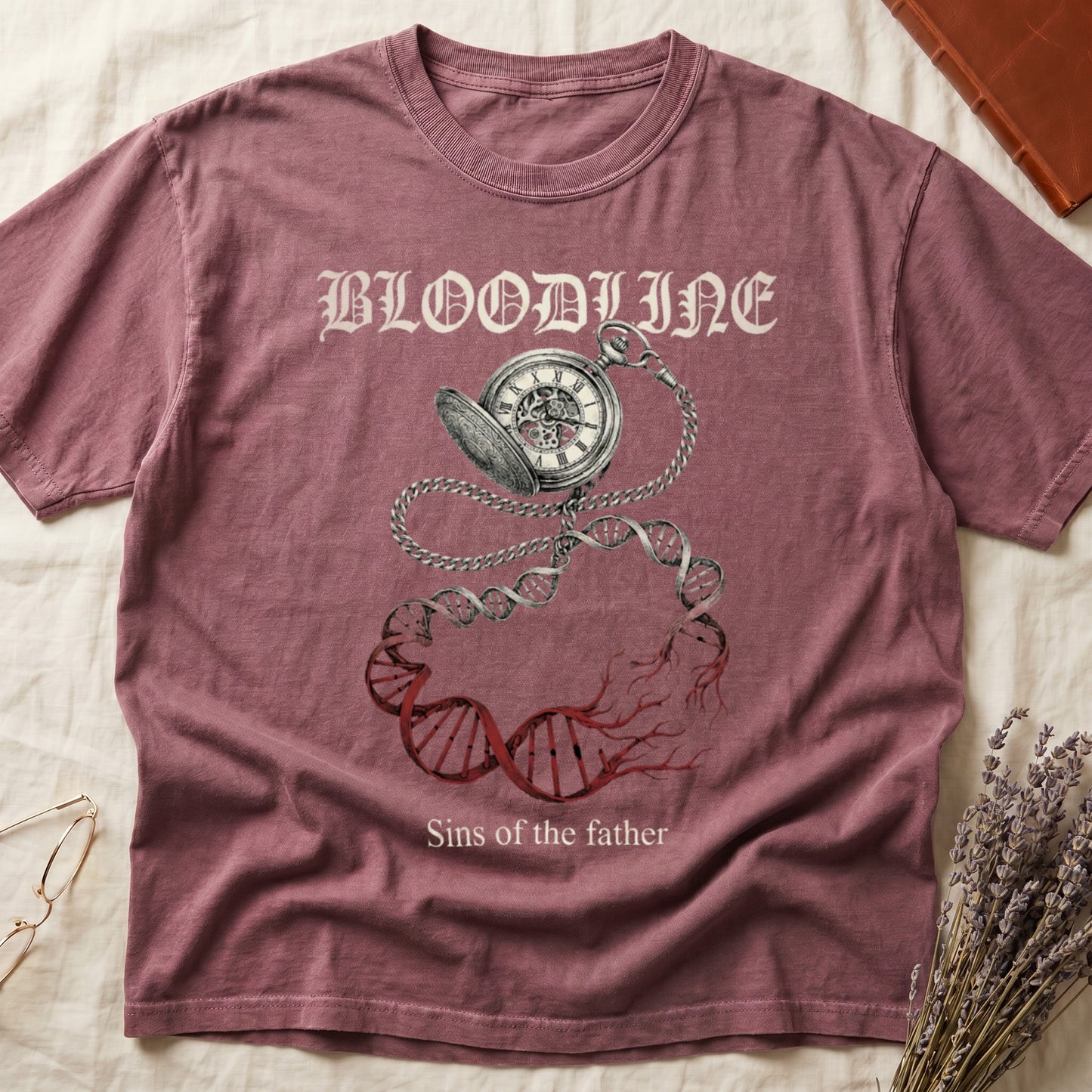 Dark Rose tee with antique pocket watch chain becoming DNA helix with red roots, "BLOODLINE" top, "Sins of the father" below.