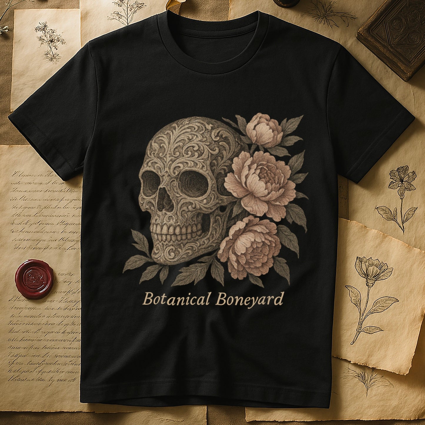 Black tee with filigree-engraved skull on left, peach-cream peonies on right, crossed bones below, "Botanical Boneyard."