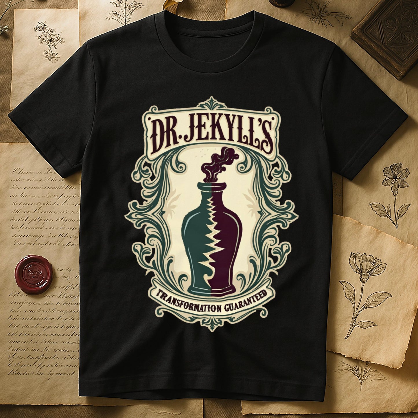 Black tee with apothecary label, green elixir bottle, lightning bolt, smoke, "DR. JEKYLL'S," "TRANSFORMATION GUARANTEED."