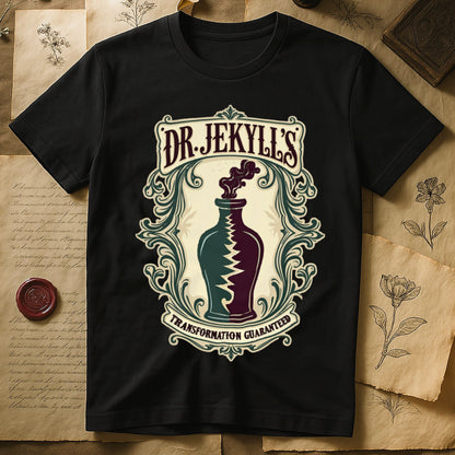 Black tee with apothecary label, green elixir bottle, lightning bolt, smoke, "DR. JEKYLL'S," "TRANSFORMATION GUARANTEED."