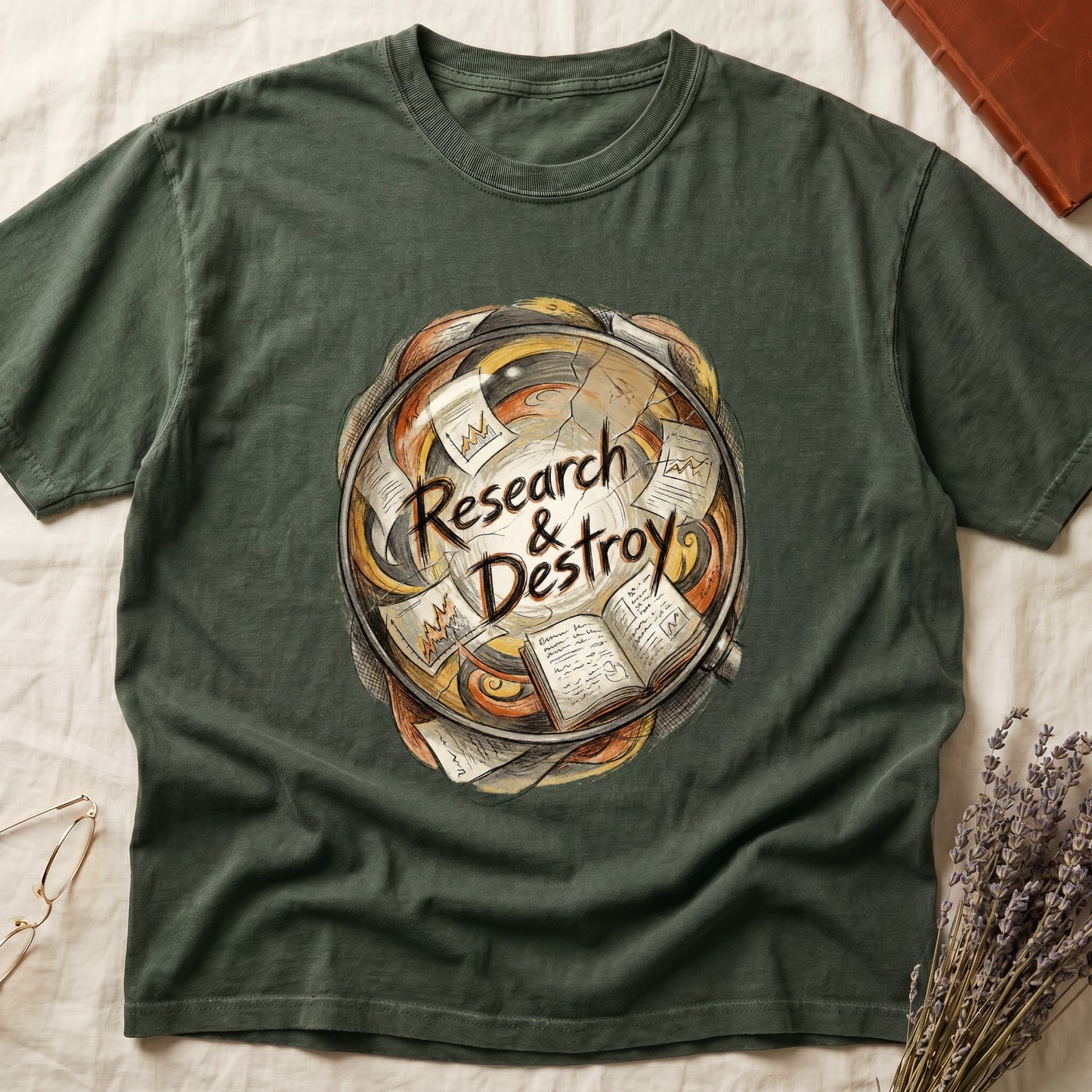 Green tee with globe of papers, open books, charts in colored ink, "Research & Destroy" in cursive at center.