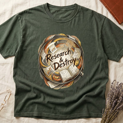 Green tee with globe of papers, open books, charts in colored ink, "Research & Destroy" in cursive at center.
