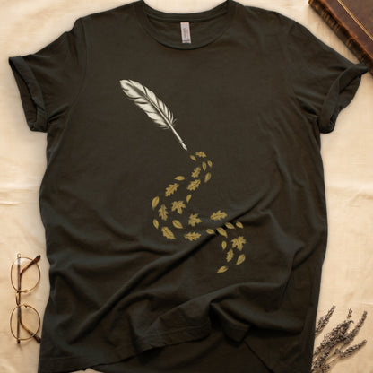 Military Green tee with antique quill pen in cream linework, oak and maple leaves cascading from the nib in gold and green.