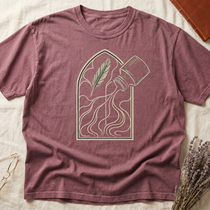 Dark Rose tee with sepia gothic arch, feather quill on left and tipped ink bottle on right spilling ink in curling tendrils.