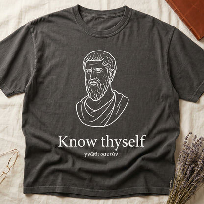 Pepper tee with classical Greek philosopher bust in white linework, "Know thyself" in cream serif below.