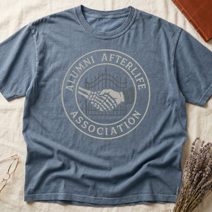 Espresso tee with embroidered patch, skeletal handshake at cemetery gate, "ALUMNI AFTERLIFE" top, "ASSOCIATION" bottom.
