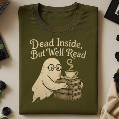 Dead Inside But Well Read ghost on olive shirt product
