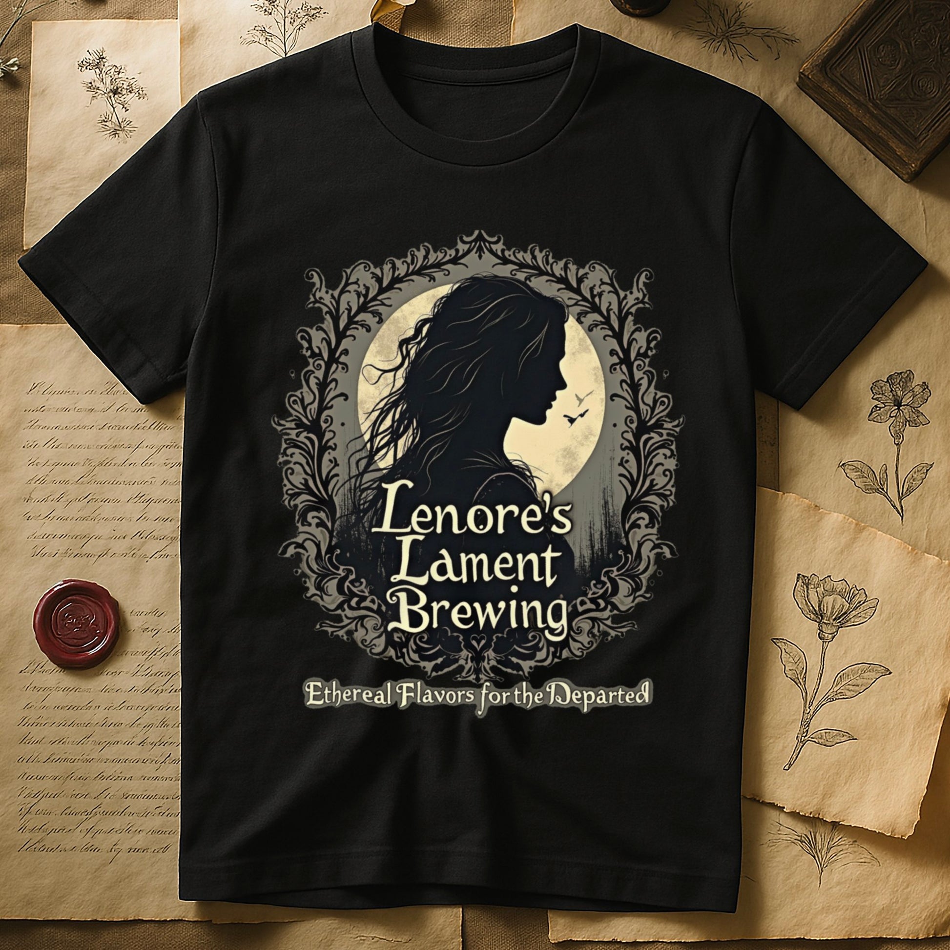 Black tee with sage label, Lenore silhouette and moon, "Lenore's Lament Brewing," "Ethereal Flavors for the Departed."