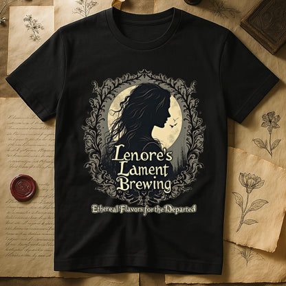 Black tee with sage label, Lenore silhouette and moon, "Lenore's Lament Brewing," "Ethereal Flavors for the Departed."